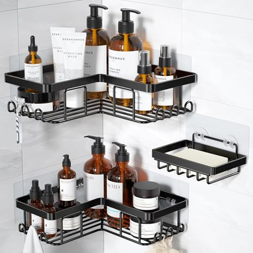 YASONIC Corner Adhesive Shower Caddy with Soap Holder and 12 Hooks Rustproof Stainless Steel Bathroom Organizer No Drill