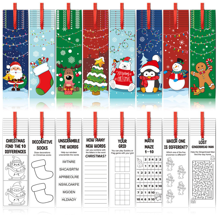 Jetec 80 Pcs Merry Christmas Color Your Own Bookmarks with Ribbon Bulk DIY Coloring Theme Blank Elk Bookmarks with Snowm