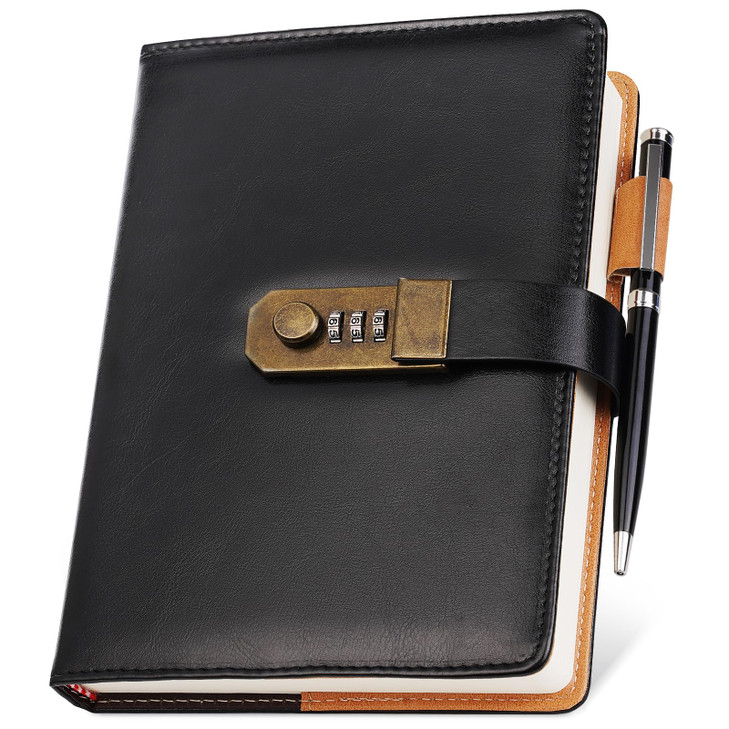 Nicpro Diary with Lock A5 PU Leather Journal with Lock Metal Pen 260 Pages Password Notebook for Men and Women Vintage D