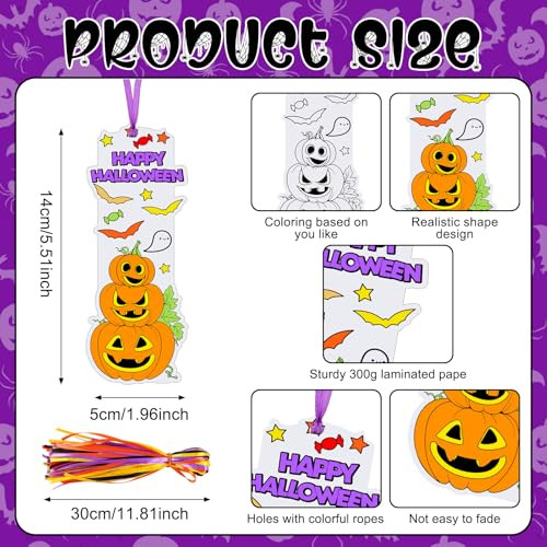 Skyygemm 80 Pcs Color Your Own Halloween Bookmarks with Ribbon Bulk DIY Coloring Bookmark Happy Halloween Black Cat Bat