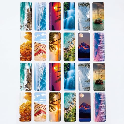 Tenare 24 Pcs Magnetic Bookmarks 12 Styles Assorted Cute Landscape Magnet Book Markers Magnetic Page Clip Double Side Fu