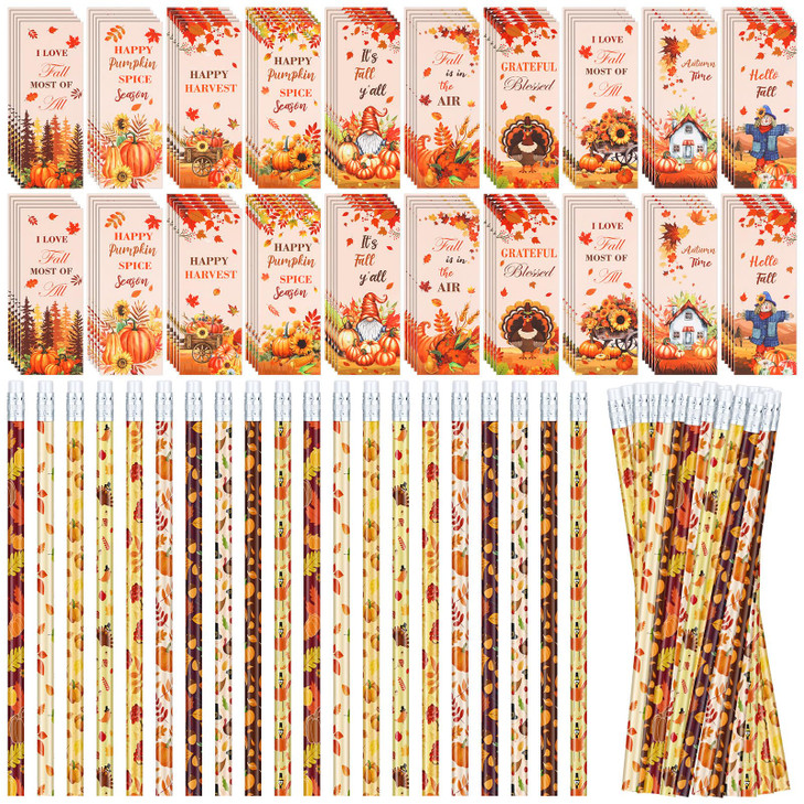 240 Pcs Fall Pencils Bookmark Bulk Thanksgiving Party Favor 120 Set Autumn Pencil Pumpkin Bookmark Fall Gift Treat Goodi