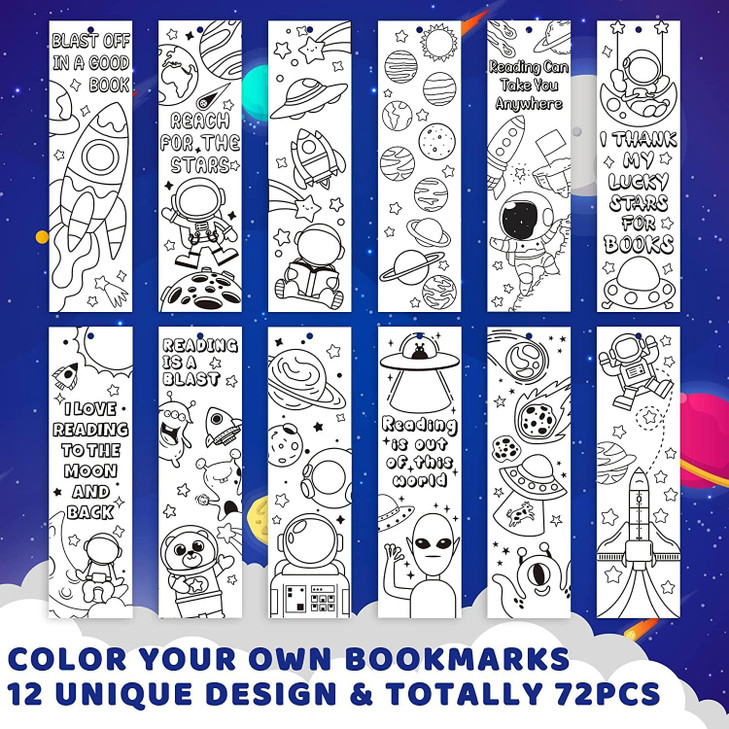 Haooryx Color Your Own Outer Space Bookmarks 75Pcs Creative DIY Coloring Planet Rocket Spaceship Blank Book Marker for R
