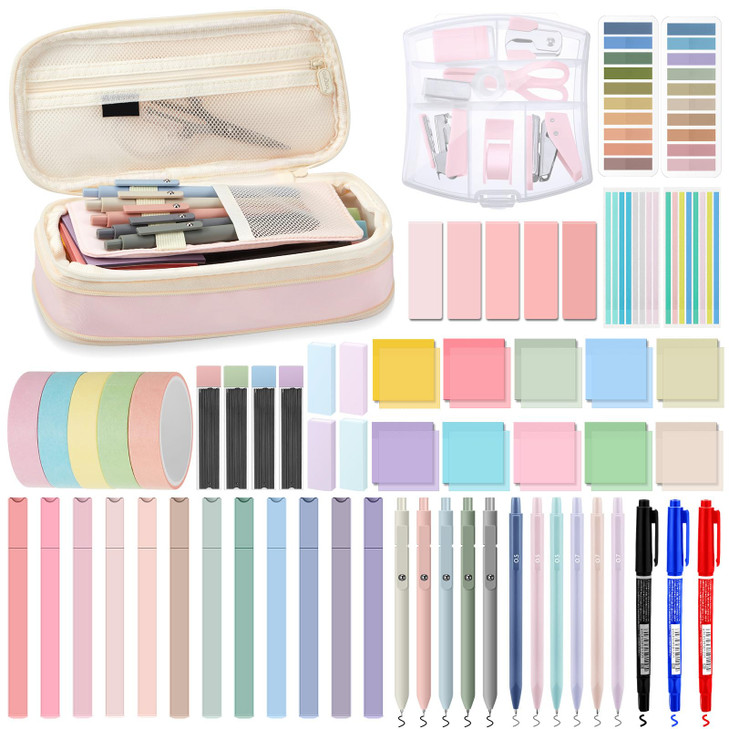 Sinload 60 Pcs Aesthetic Book Annotation Kit School Supplies Cute Pencil Case Mini Stapler Set 12 Highlighter 5 Gel Pen