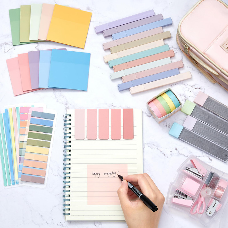 Sinload 60 Pcs Aesthetic Book Annotation Kit School Supplies Cute Pencil Case Mini Stapler Set 12 Highlighter 5 Gel Pen