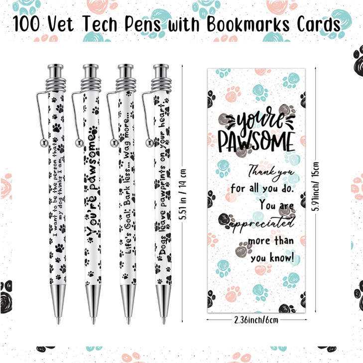 Resurhang 100 Sets Vet Tech Gifts Veterinary Appreciation Pen with Cute Paw Bookmarks Bags for Veterinary Technologist B