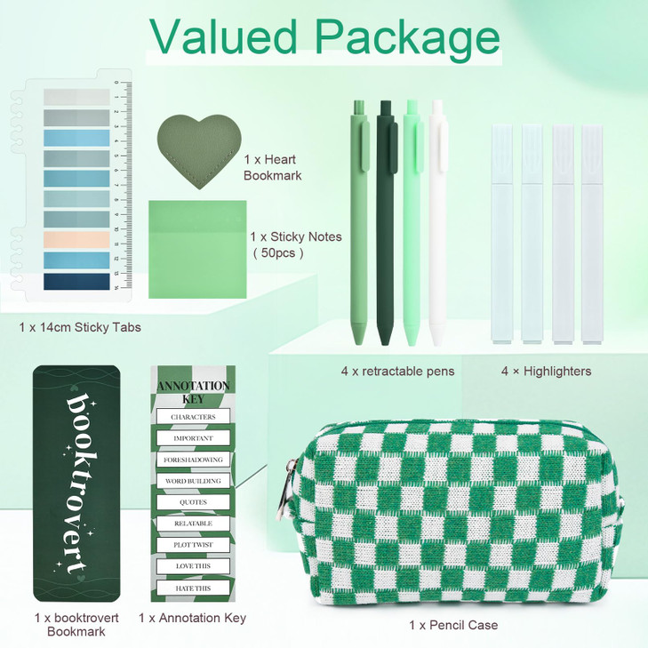 14 PCS Aesthetic Book Annotation Kit Large Checkered Pencil Case Book Lover Bookmark Dual Highlighters Gel Pens Study Su