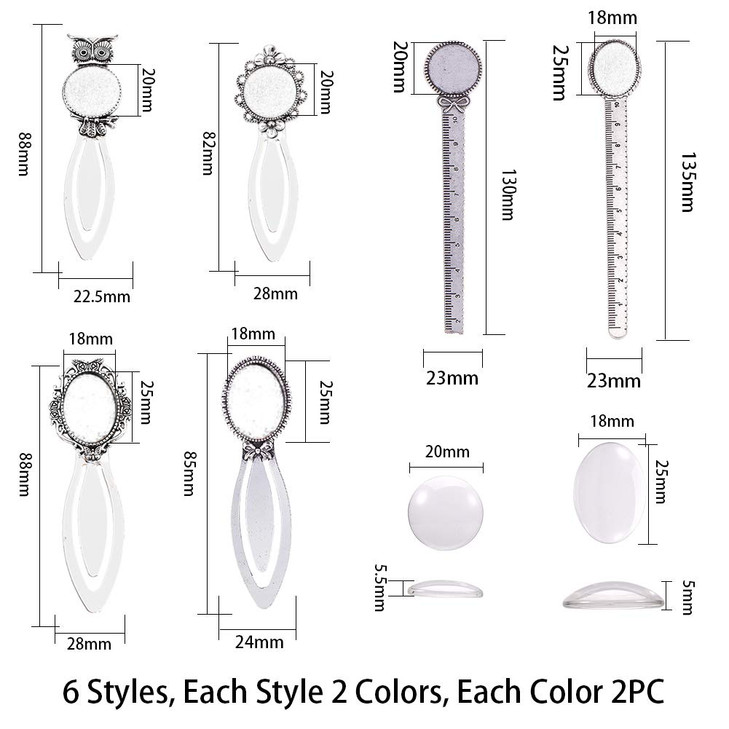 SUNNYCLUE 12Pcs 2 Styles Ruler Bookmark Pendant Tray Kit with 8Pcs Bookmark Cabochon Setting 4Pcs Ruler Cabochon with Cl