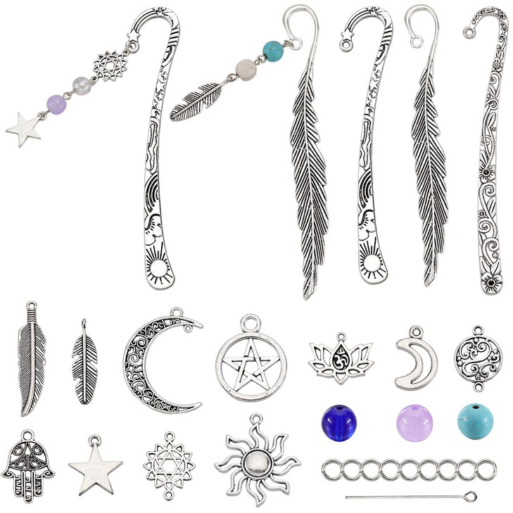 SUNNYCLUE 1 Box DIY 6 Sets Metal Bookmark Kit Book Marks Bulk Hook Bookmarker Lucky Sun Star Moon Charms Vintage Alloy B