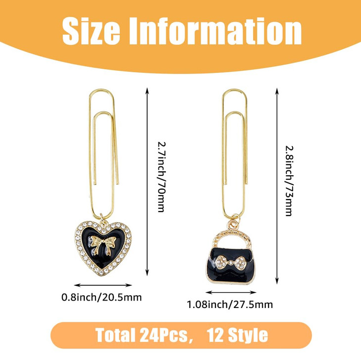 SUPERFINDINGS 24Pcs 12 Style Cute Heart Bookmarks 28x108inch Paper Clips for Planners Elegant Alloy Bookmarks Planner Ac
