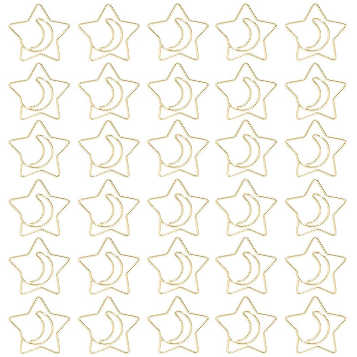 SUNNYCLUE 60Pcs Star Moon Paper Clips Mini Gold Bookmarks Bulk Metal Stars Shaped Decorative Document Paperclips Planner