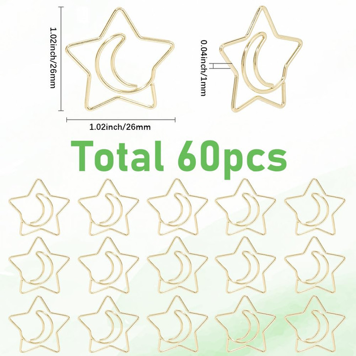 SUNNYCLUE 60Pcs Star Moon Paper Clips Mini Gold Bookmarks Bulk Metal Stars Shaped Decorative Document Paperclips Planner