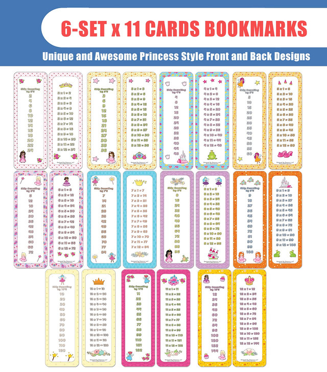 Creanoso Skip Counting Chart Bookmark Cards Princess Theme 6Set X 11 Cards Stocking Stuffers Gifts Book Page Clippers Gi
