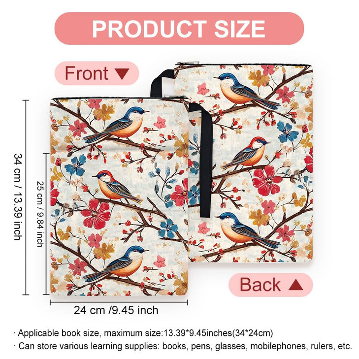 Hobbspring 1pc Polyester Book Sleeve Birds and Flowers Book Covers with Zipper and Front Pocket Birthday Gift for Studen