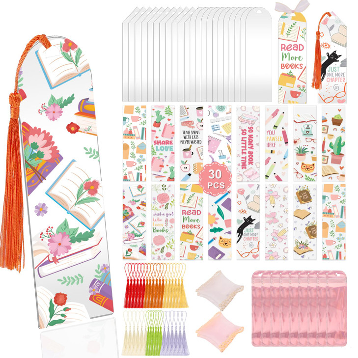 30 Set Acrylic Bookmark Blanks Set with 30 Booklover Theme UV DTF Stickers 30Pcs of 6Color Tassels 30 Ribbon 30 Holograp