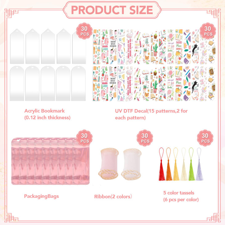 30 Set Acrylic Bookmark Blanks Set with 30 Booklover Theme UV DTF Stickers 30Pcs of 6Color Tassels 30 Ribbon 30 Holograp