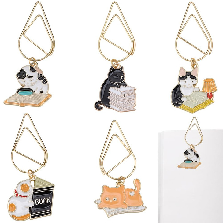 CRASPIRE 5Pcs Gold Paper Clips with Cat Alloy Enamel Pendants Paperclips Alloy Mini Bookmarks for Office School Supplies