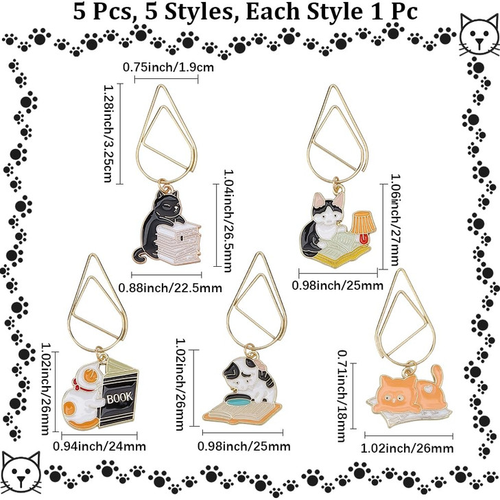 CRASPIRE 5Pcs Gold Paper Clips with Cat Alloy Enamel Pendants Paperclips Alloy Mini Bookmarks for Office School Supplies
