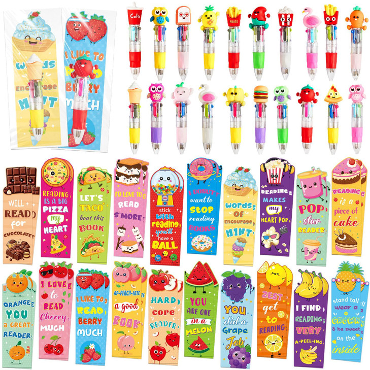 80 Pcs Cute Multicolor Pens with Fruit Food Bookmarks Silicone Pen and Motivational Bookmark Set Appreciation Gift Lovel