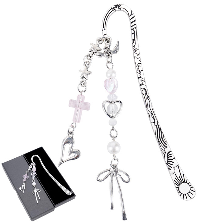 Berirexrion Unique Bow Bookmark Gifts Charm Pink Aesthetic Book Mark Cute Silver Chain Tassel Metal Page Marker for Read