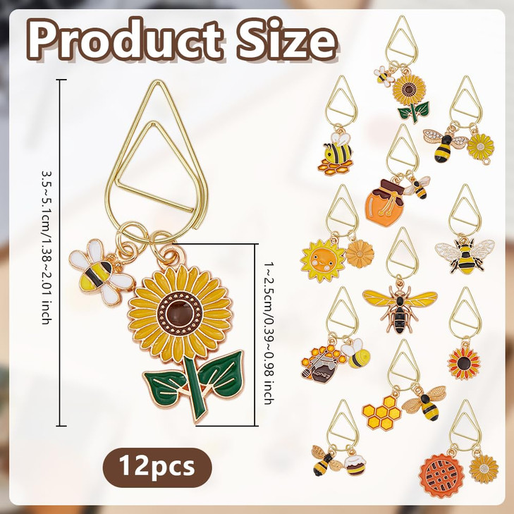 OLYCRAFT 12Pcs Cute Bee Paper Clips Bee Bookmark Teacher Presents Clip with Bee Alloy Enamel Pendants Animal Bookmark Cl