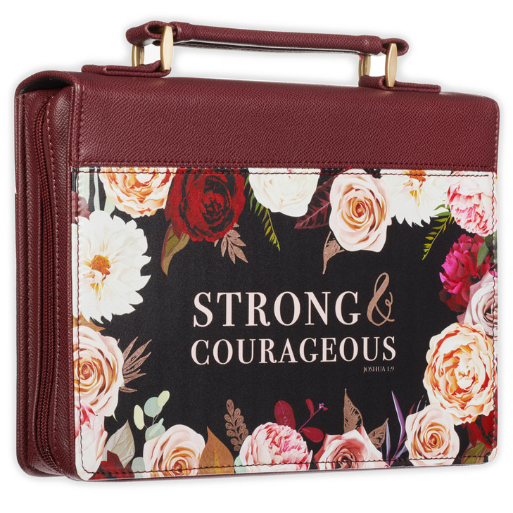 Christian Art Gifts Protective Faux Leather Fashion Bible Cover Carry Case with Handle for Women Strong and Courageous J