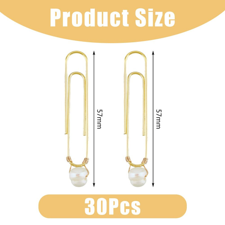 SUPERFINDINGS 30Pcs Imitation Pearl Beads Bookmarks Iron Paper Clips Golden 57mm Long Planner Clips Page Markers for Sch