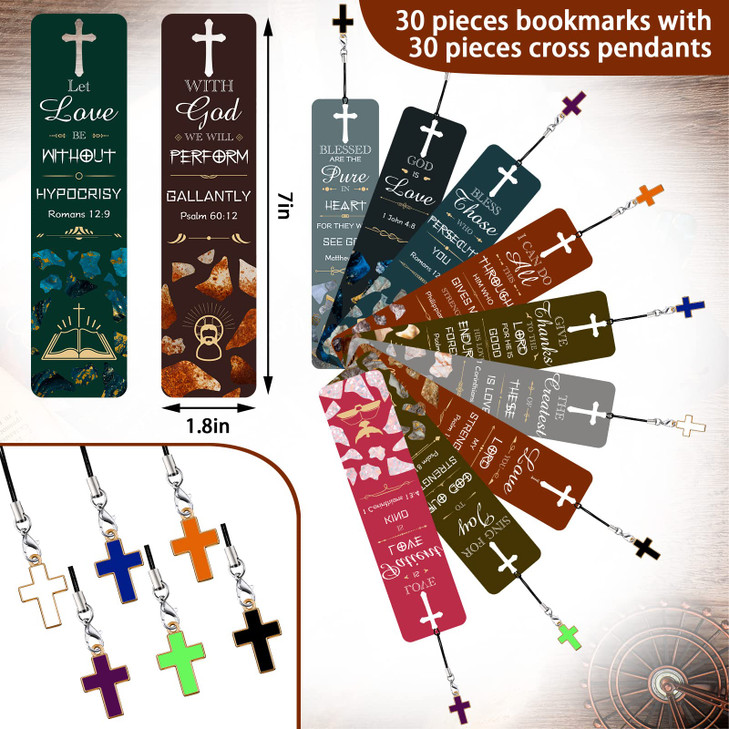 30 Pcs Bible Verses Bookmarks with Hollow Cross and Cross Pendants Inspirational Book Markers Christian Bookmarks Christ