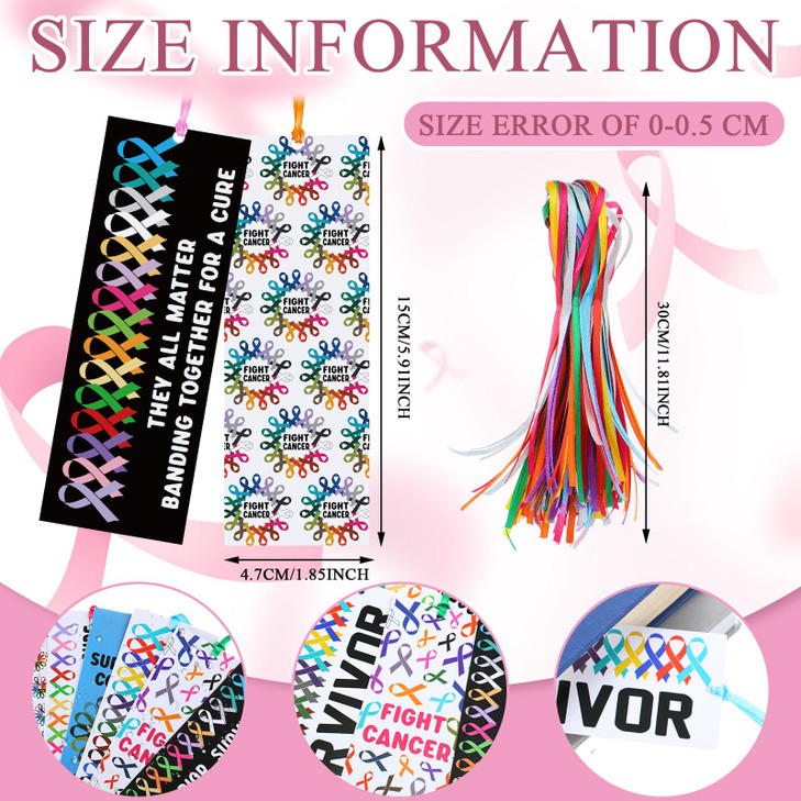 Yaomiao 120 Pcs Cancer Awareness Laminated Bookmarks Bulk Colorful Ribbon Bookmarks All Cancer Awareness Book Markers fo