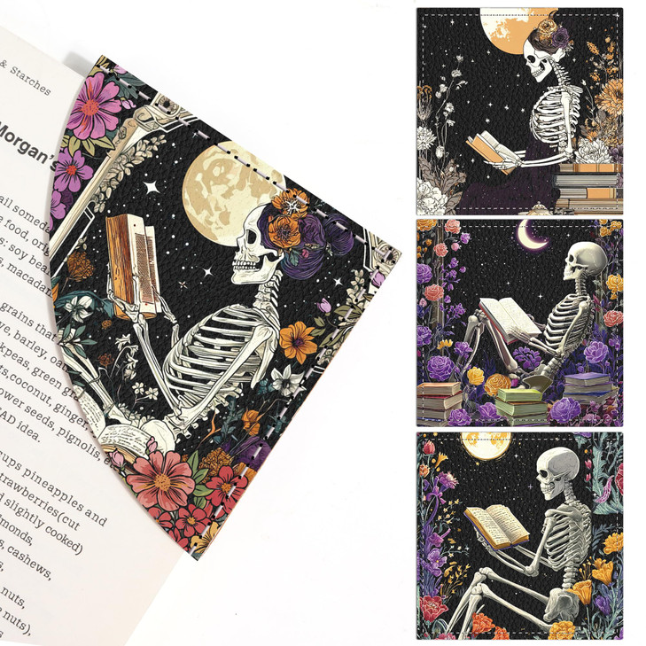 4 Pcs Gothic Skeleton Corner Bookmarks Leather Skull Floral Book Marks for Book Lovers Halloween Horror Book Accessories