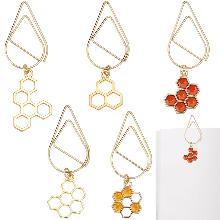 CRASPIRE 5Pcs Honeycomb Paper Clips Book Mark Paperclips with Honey Comb Charm Metal Bookmarker Planner Clips Clamp for