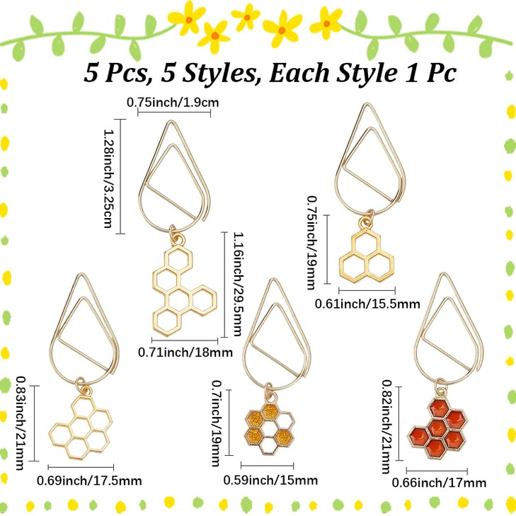 CRASPIRE 5Pcs Honeycomb Paper Clips Book Mark Paperclips with Honey Comb Charm Metal Bookmarker Planner Clips Clamp for