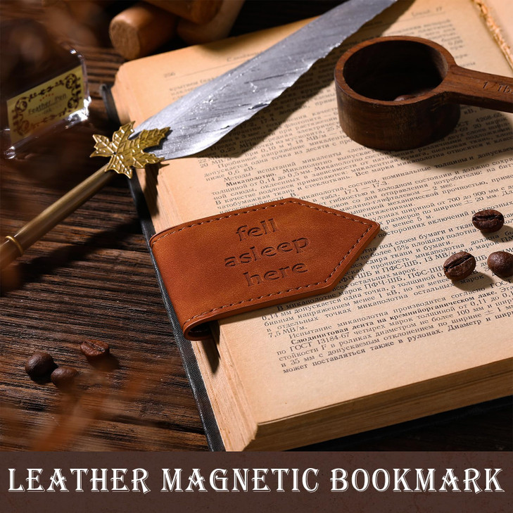 Skyygemm 4 Pcs Fell Asleep Here Magnetic Faux Leather Bookmark Leather Magnetic Bookmark Gift for Book Lovers Reading Lo