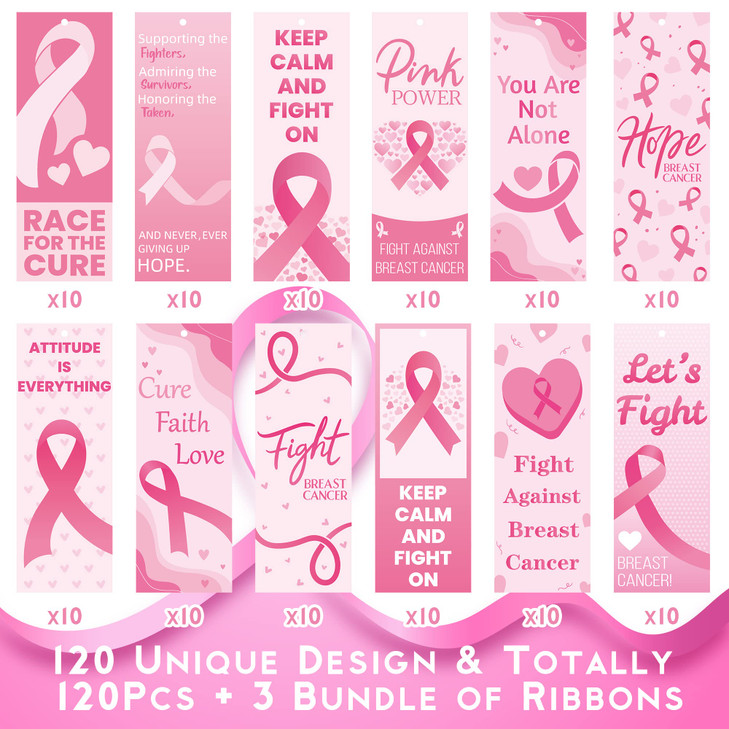 Haooryx Breast Cancer Awareness Bookmarks 123Pcs Pink Power Fight Breast Cancer Book Marks Keep Calm and Fight On Breast