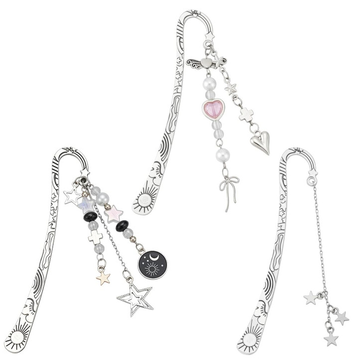 arricraft 3 Pcs Bow Moon Star Bookmarks 3 Styles Fantasy Tassel Alloy Bookmark with Bowknot Star Moon Wing Heart Pendant