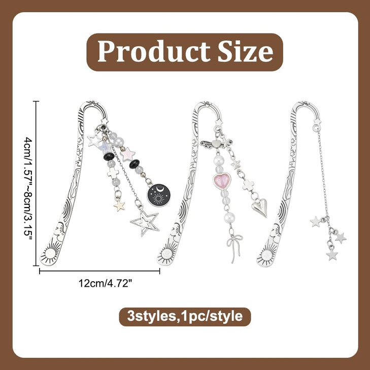 arricraft 3 Pcs Bow Moon Star Bookmarks 3 Styles Fantasy Tassel Alloy Bookmark with Bowknot Star Moon Wing Heart Pendant