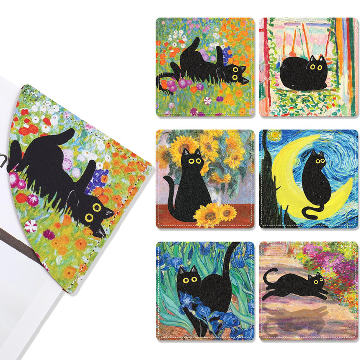 FYSUIMU 6Pcs Black Cat Painting Corner Bookmark Floral Animal Leather Page Marker Cute Flower Triangle Bookmark for Book