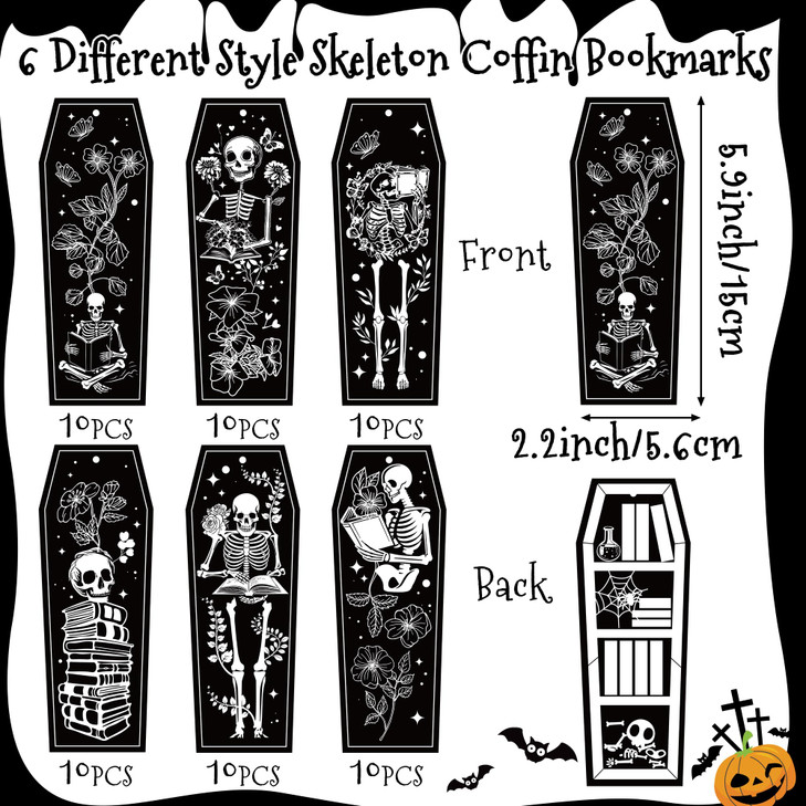 Haooryx Halloween Skeleton Coffin Bookmarks 60Pcs Gothic DoubleSided Bookmarks with Black Tassels for Halloween Party Ga