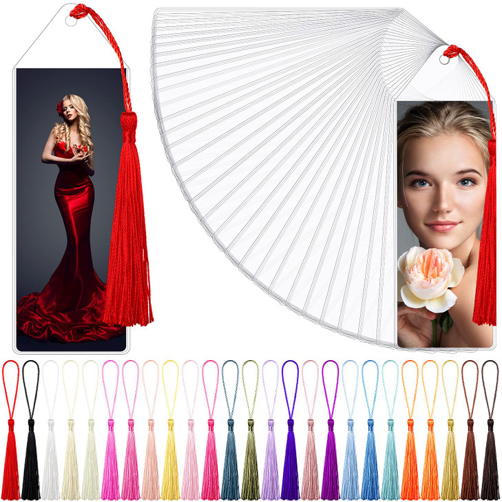 Zonon 100 Pieces 2 x 6 Clear Plastic Bookmark Sleeves with Tassels Vinyl Photobooth Bookmark Covers Blank Strip Display
