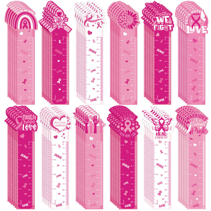 Kosiz 120 Pcs Breast Cancer Awareness Bookmarks Ruler Bulk Gifts Pink Ribbon Bookmarks Ruler Hope Butterfly Heart Inspir