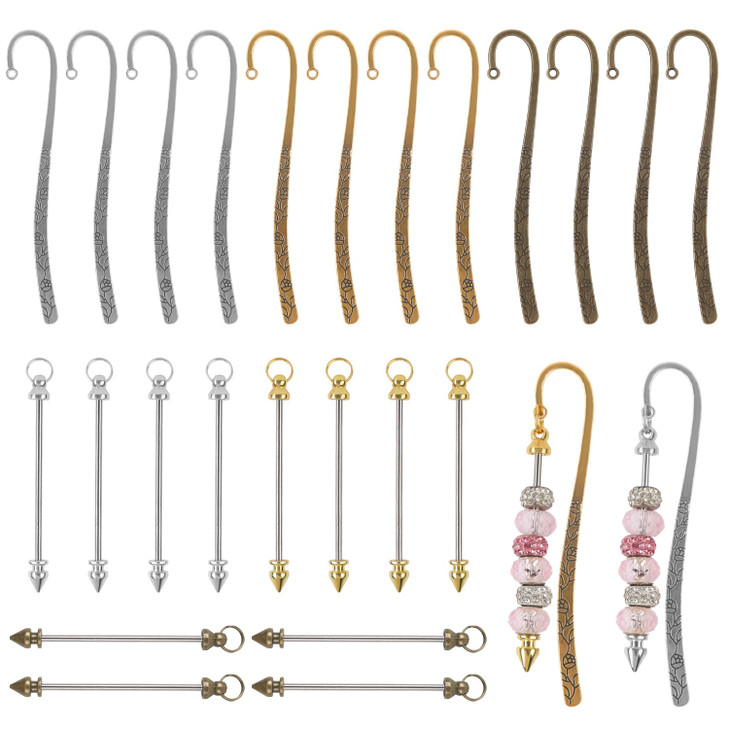 ASUNFO 24 Pcs Beadable Bookmarks Metal Hook Bookmark Hairpin Beadable Keychains Bars Beaded Keychain Making Kit for Book