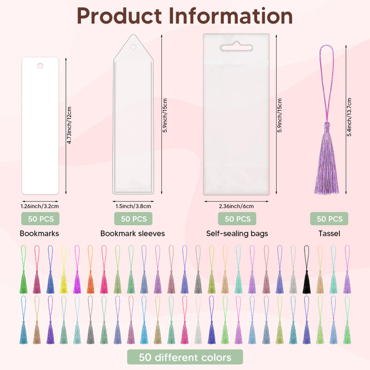 50 Sets Sublimation Blank Bookmarks with Clear Bookmark Sleeves Tassels and SelfSealing Bags Heat Transfer Metal Aluminu