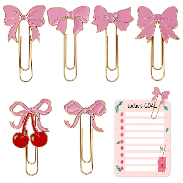 Skyygemm 6 Pcs Pink Bow Paper Clips Cute Large Paperclips Coquette Metal Paper Clip Preppy Bookmarks Planner Clips for O