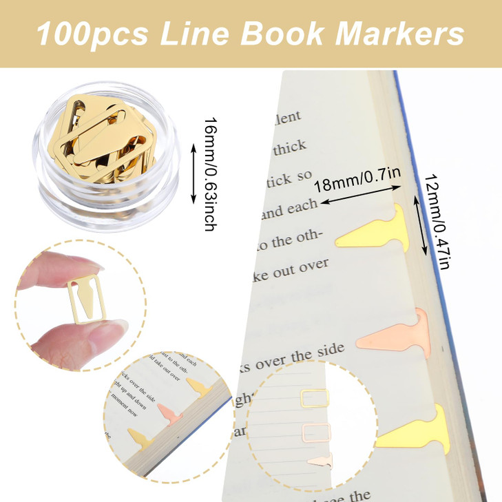 100Pcs Book Line Markers GoldRose Gold Metal Bookmarks Tin Mixed Metals Book Page Markers Book Marker Clips Book Annotat