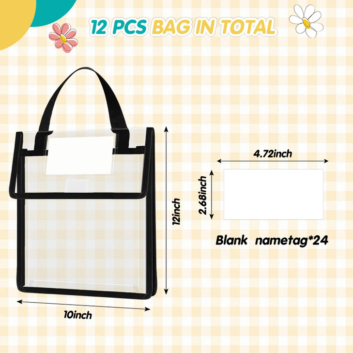 Teling 12 Pack Thick Clear Book Pouches with Blank Name Tags and Handles Book Baggies Bags Bins Organizer for School Cla