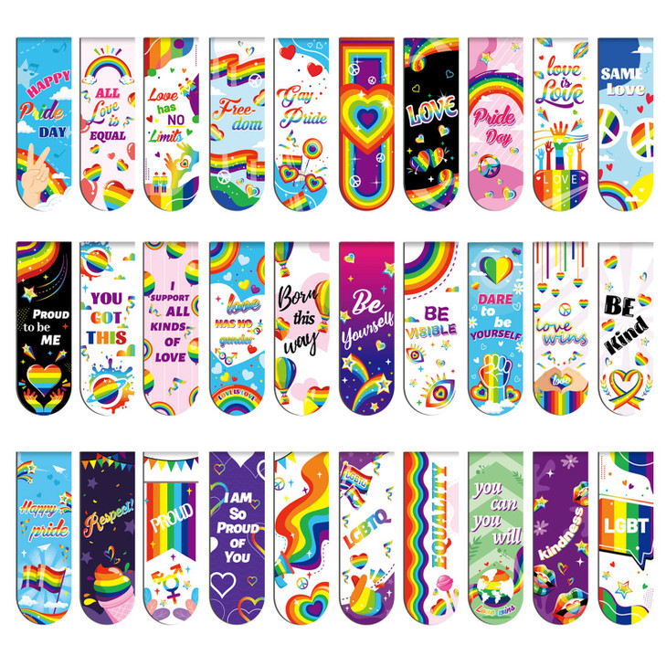 MWOOT 30 Pieces LGBTQ Pride Theme Magnetic Bookmarks Gay Rainbow Magnet Page Markers Inspirational Words Book Clips for