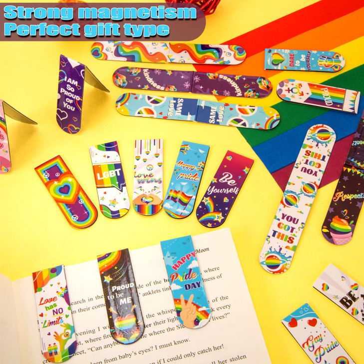 MWOOT 30 Pieces LGBTQ Pride Theme Magnetic Bookmarks Gay Rainbow Magnet Page Markers Inspirational Words Book Clips for