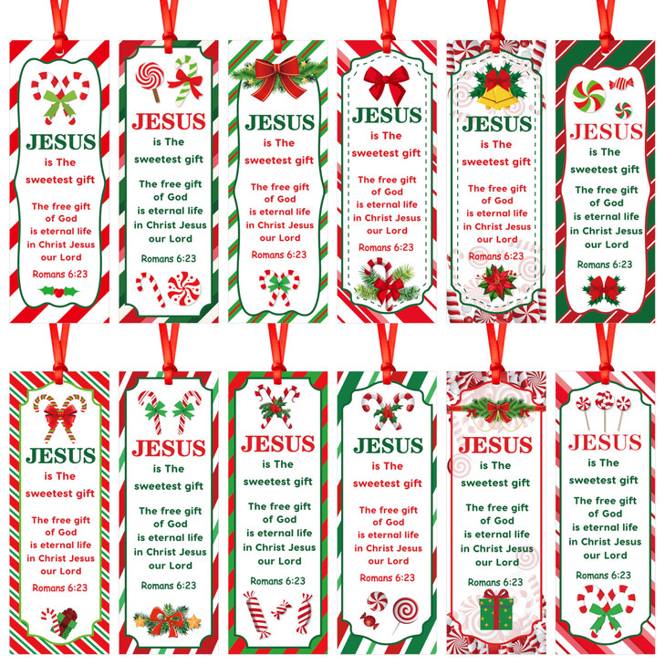 Haooryx Christmas Theme Bookmarks 120Pcs Christmas Candy Cane Pattern Bookmarks with Red Ribbons Christian Religious Chr