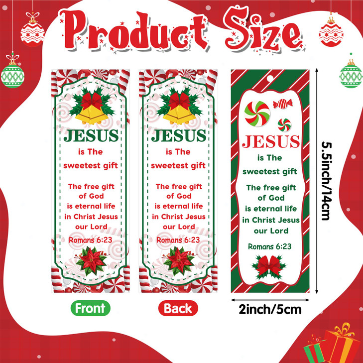 Haooryx Christmas Theme Bookmarks 120Pcs Christmas Candy Cane Pattern Bookmarks with Red Ribbons Christian Religious Chr