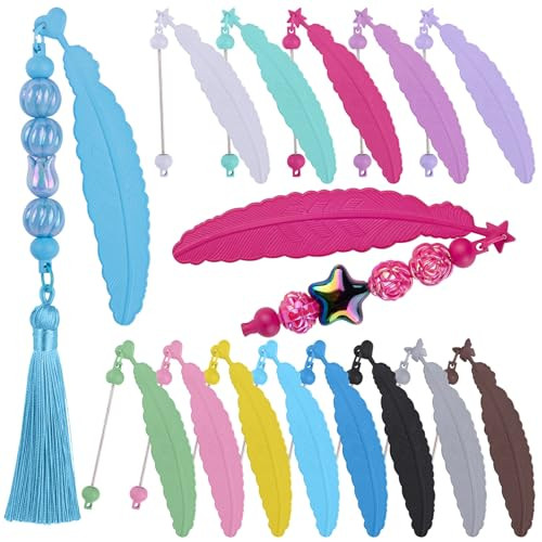 Framendino 13 Pack Feather Beadable Bookmarks with Bar DIY Beaded Hook Bookmark for Office Supplies